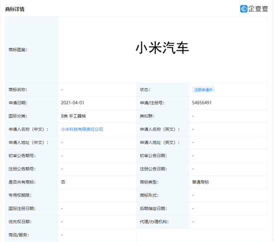 小米科技公司正式申请注册“小米汽车”商标